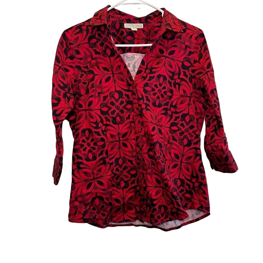 Dana Buchman Red & Black Buttoned Blouse Size Small